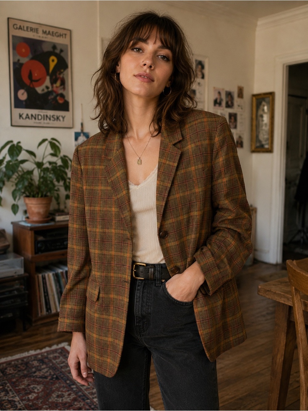Vintage plaid linen blend casual corner blazer size 10
